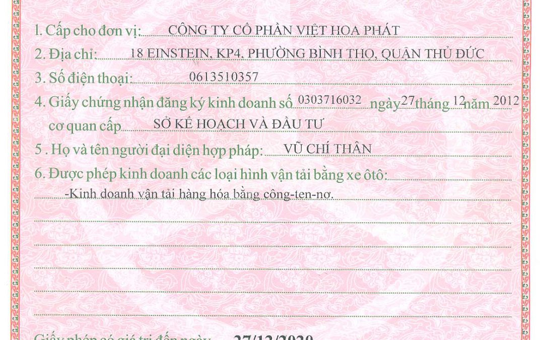 Giấy phép kinh doanh vận tải bằng xe ôtô